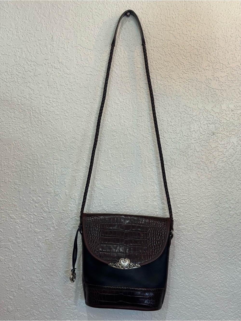 Brighton 1996 Vintage Black Brown Leather Croc Embossed Crossbody Bag